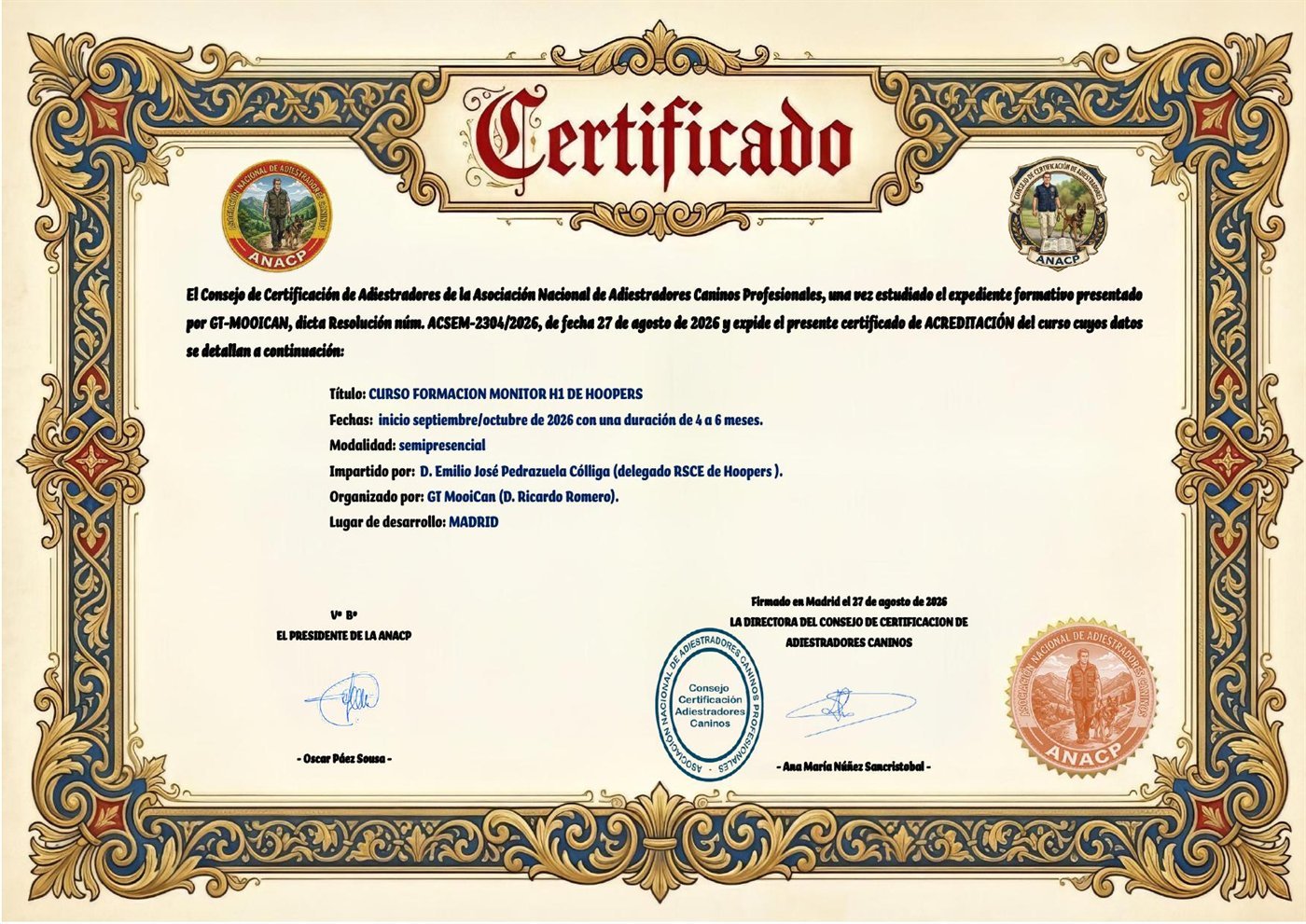Certificado de acreditación del curso de Formación Monitor H1 de Hoopers emitido por el Consejo de Certificación de Adiestradores de la ANACP